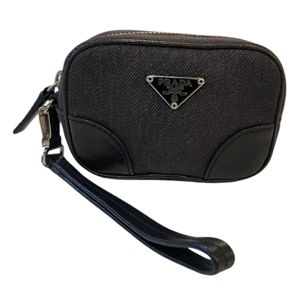 PRADA Denim & Leather Coin Purse With Wrist Stap ~ Black ~ VINTAGE ~ RARE!